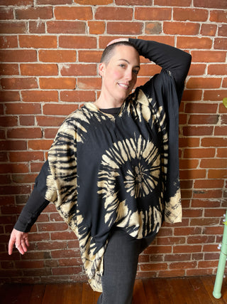 Spiral Black Beige Tie Dye Poncho Hoodie