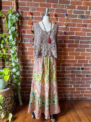 Penelope Patchwork Skirt with Pockets -Light Earth Tones