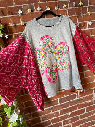 OOAK Autumn Collection - Upcycled Flower Patchwork Trapeze Style Bell Sleeve Kantha Top 🌼