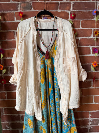 100% Cotton Gauze Cream Light Layer Button Up Top