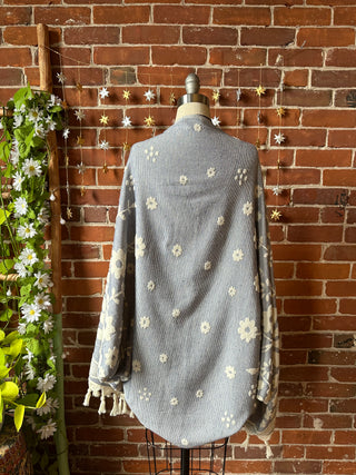 Blue Sky Flower Fringe Cocoon Shawl Reversible Kimono - 100% Cotton
