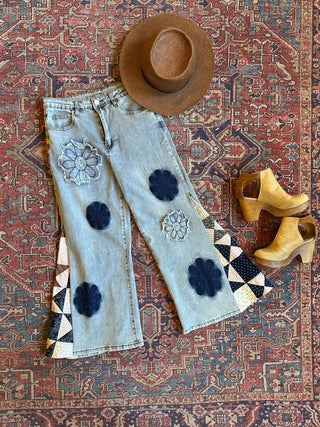 OOAK Autumn Collection-  Size Medium Cropped Patchwork Bell Bottom Pants