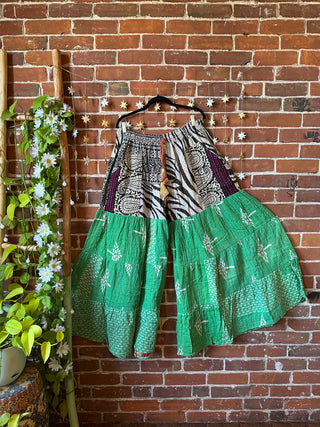Plus Size Spring Blooms Reversible Kantha Wide Leg Tiered Palazzo Pants