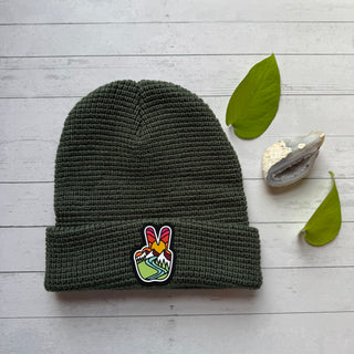 Olive- Waffle Knit Peace Beanie Hat