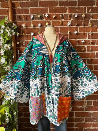 OOAK Autumn Collection - Upcycled Boho Kantha Mix Fabric Bell Sleeve Robe