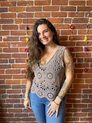 Boho Crochet Overlay Tank - Mocha
