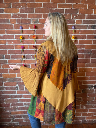 Earth Goddess Bell Sleeve Embroidered Patchwork Kimono Jacket Small-3X