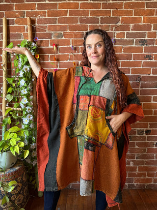 Juniper Patchwork Poncho Hoodie-Burnt Orange /Earth Tones