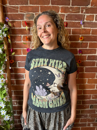 Stay Wild Moon Child Mineral Wash TShirt -Charcoal