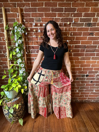 Spring Blooms Reversible Kantha Wide Leg Tiered Palazzo Pants