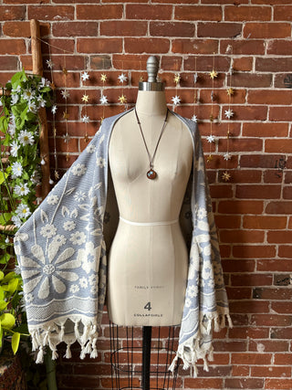 Blue Sky Flower Fringe Cocoon Shawl Reversible Kimono - 100% Cotton