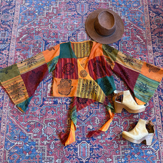 Organic Cotton Earth Print Patchwork Cropped Bell Sleeve Wrap Top