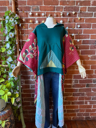 OOAK Autumn Collection- Upcycled Organic Cotton + Kantha Poncho Hi lo Hoodie