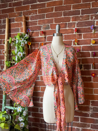 Size 0-4 Upcycled Sari Cropped Bell Sleeve Wrap Top