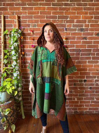 Juniper Patchwork Poncho Hoodie - Green/Earth Tones