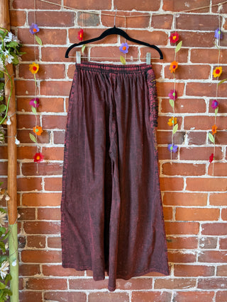Embroidered Bohemian Spring Wide Leg Lounge Pants - Earthy Red 100% Cotton
