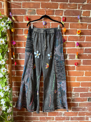 Embroidered Bohemian Spring Wide Leg Lounge Pants - Stone Gray 100% Cotton