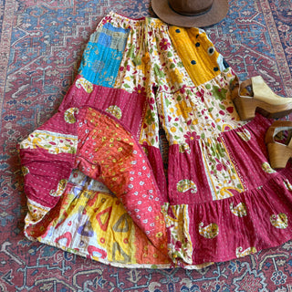 Spring Blooms Reversible Kantha Wide Leg Tiered Palazzo Pants
