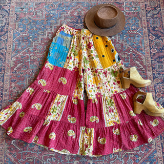 Spring Blooms Reversible Kantha Wide Leg Tiered Palazzo Pants