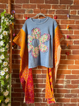 OOAK Autumn Collection - Upcycled Flower Patchwork Hi Lo Kantha Poncho Top 🌼