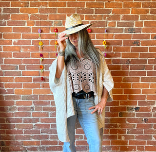 Oatmeal+Cream Chunky Knit Soft Poncho With Pockets