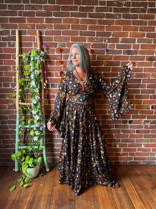 Brown Moon + Butterfly Celestial Cropped Bell Sleeve Wrap Top