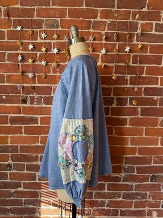Flower Power Patchwork Floral Mineralwash Sweatshirt - Blue