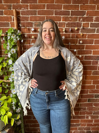 Blue Sky Flower Fringe Cocoon Shawl Reversible Kimono - 100% Cotton