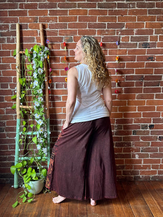 Embroidered Bohemian Spring Wide Leg Lounge Pants - Earthy Red 100% Cotton