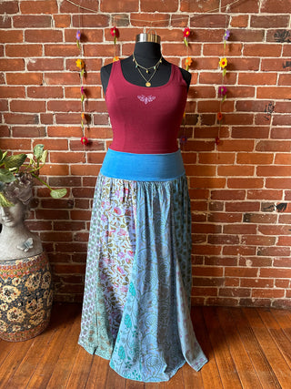 Size 14-20 Yoga Waistband Patchwork Boho Festival Skirt -Blues