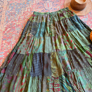 Boho Festival Patchwork Spin Skirt -Earthy Green with Plus Sizes!