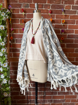 Gray Sky Fringe Cocoon Shawl Reversible Kimono - 100% Cotton