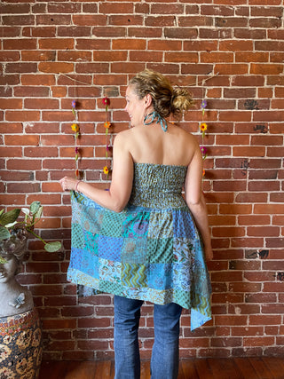 Large/XL Recycled Saree Patchwork Fairy Cut Top / Skirt - Blues / Greens