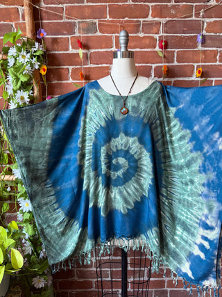 Spiral Ocean Tones Tie Dye Fringe Poncho