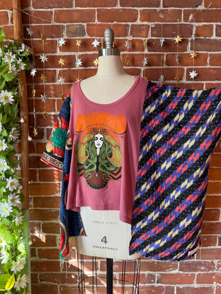 OOAK Autumn Collection- Upcycled Billy Strings Inspired Cropped Kantha Hi Lo Poncho Tee