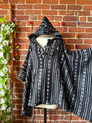 Black/White Brushed Woven 100% Cotton Hooded Poncho
