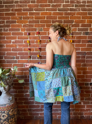 Large/XL Recycled Saree Patchwork Fairy Cut Top / Skirt - Blues / Greens
