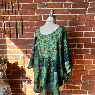 Althea Recycled Patchwork Festival Top -Green / Golden Paisley