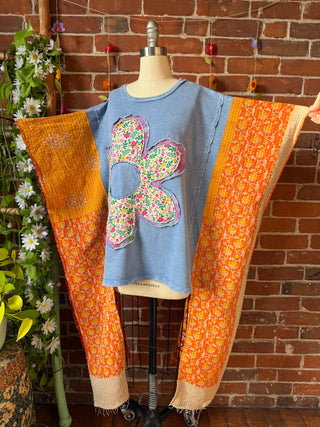 OOAK Autumn Collection - Upcycled Flower Patchwork Hi Lo Kantha Poncho Top 🌼