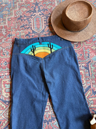 Boho Cactus Rainbow Embroidered High Waisted Bell Bottoms