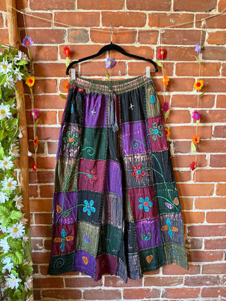 Embroidered Patchwork Bohemian Wide Leg Lounge Pants - 100% Cotton