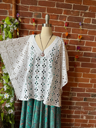 100% Cotton Bohemian Eyelet Overlay Poncho Top - White