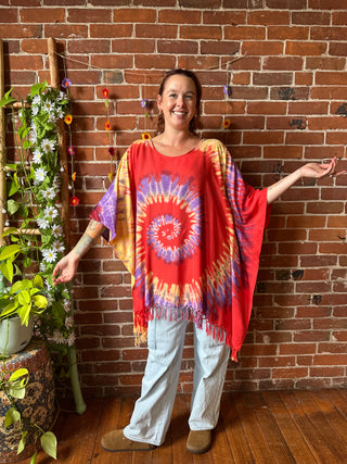 Spiral Sunset Tones Tie Dye Fringe Poncho