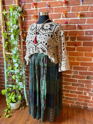 Boho Festival Patchwork Spin Skirt -Earthy Green with Plus Sizes!