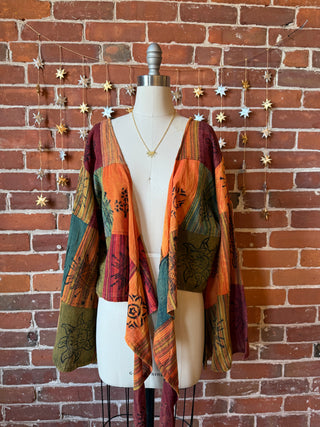 Organic Cotton Earth Print Patchwork Cropped Bell Sleeve Wrap Top