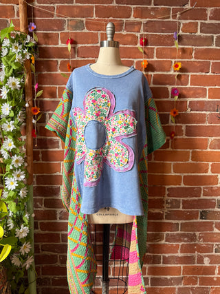 OOAK Autumn Collection - Upcycled Flower Patchwork Hi Lo Kantha Poncho Top 🌼