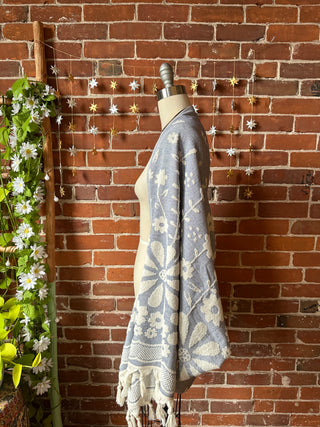 Blue Sky Flower Fringe Cocoon Shawl Reversible Kimono - 100% Cotton