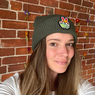 Olive- Waffle Knit Peace Beanie Hat