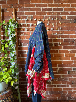 OOAK Autumn Collection- Birdsong Kantha + Plaid Button Up Wing Style Poncho Jacket