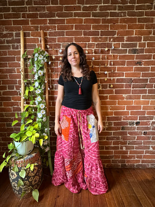 Spring Blooms Reversible Kantha Wide Leg Tiered Palazzo Pants